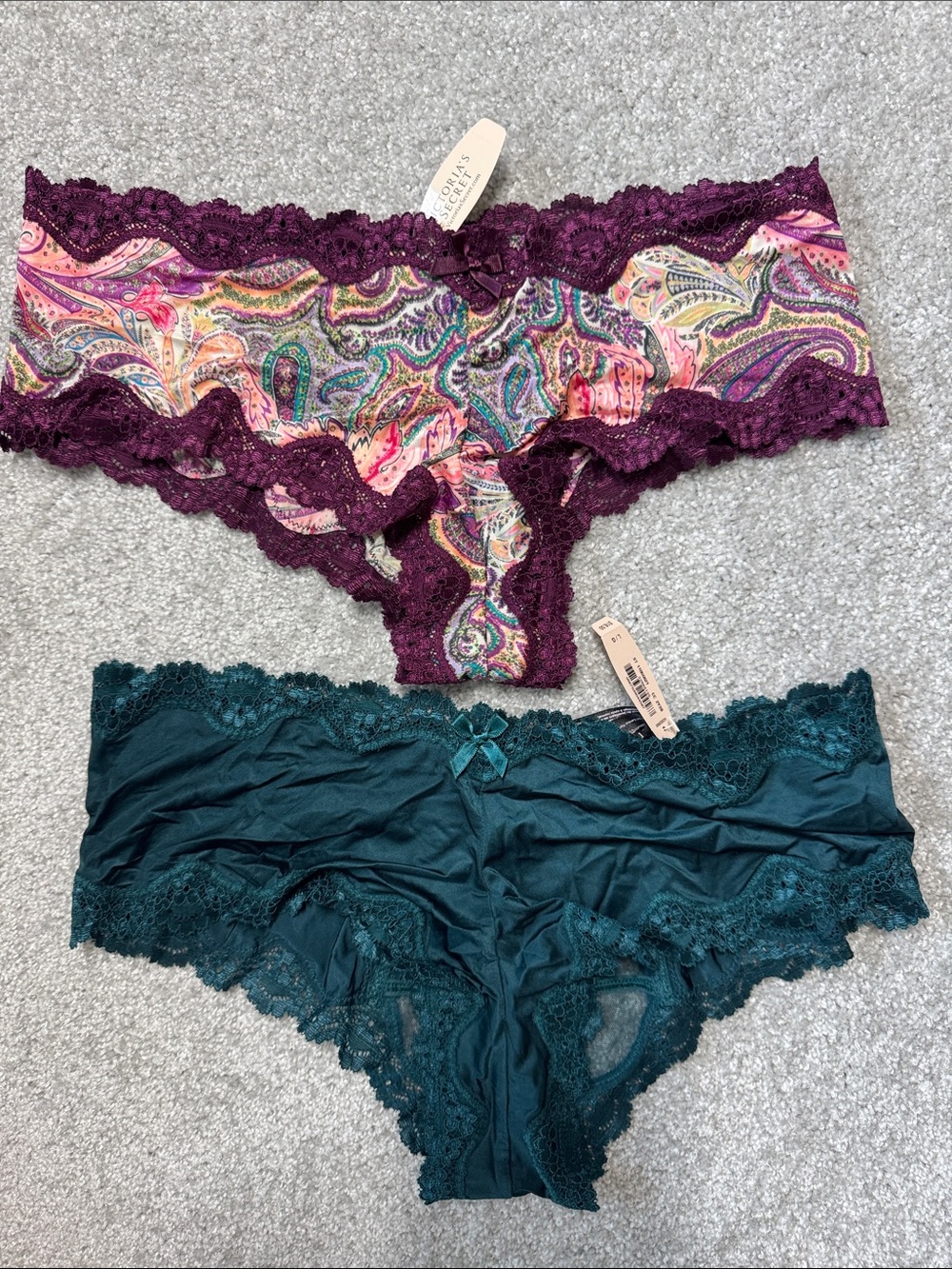 Victoria's Secret Satin Cheeky Panties Plum Paisley Teal Size L Lot 2 Underwear